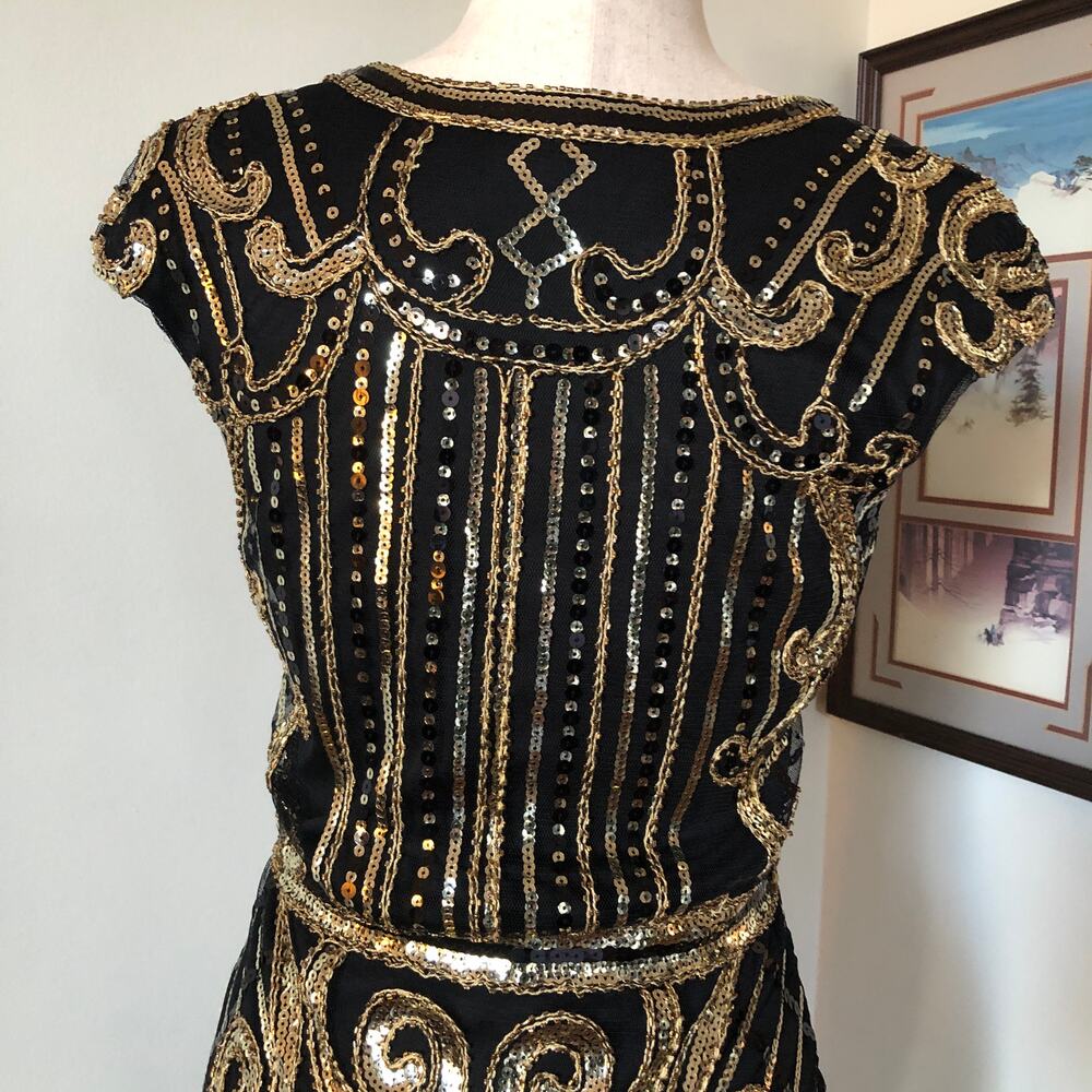 Black Gold Sequin Fringe Dress S Dance Party NYE Gatsby 1920 Flapper Costume NEW - Picture 8 of 12